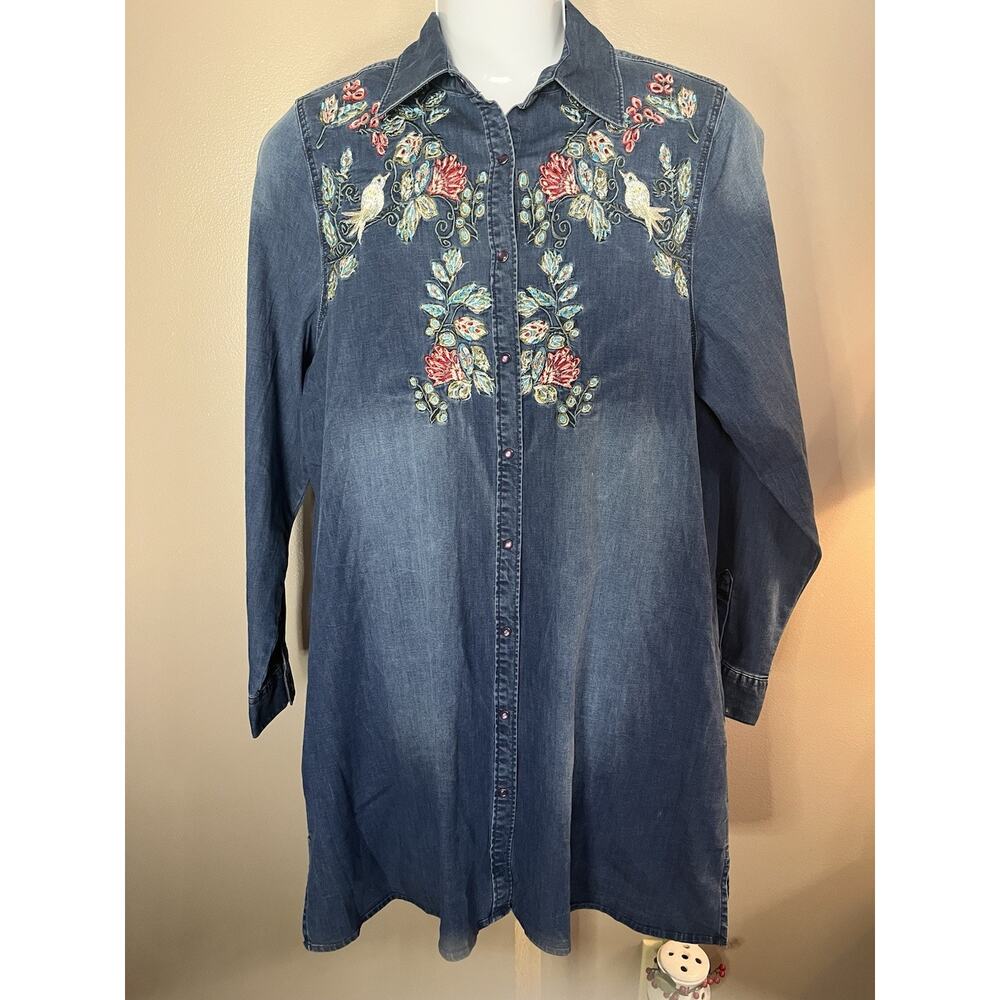 Y2K Grace Embroidered Blue Shirt Jacket Tunic Duster Large